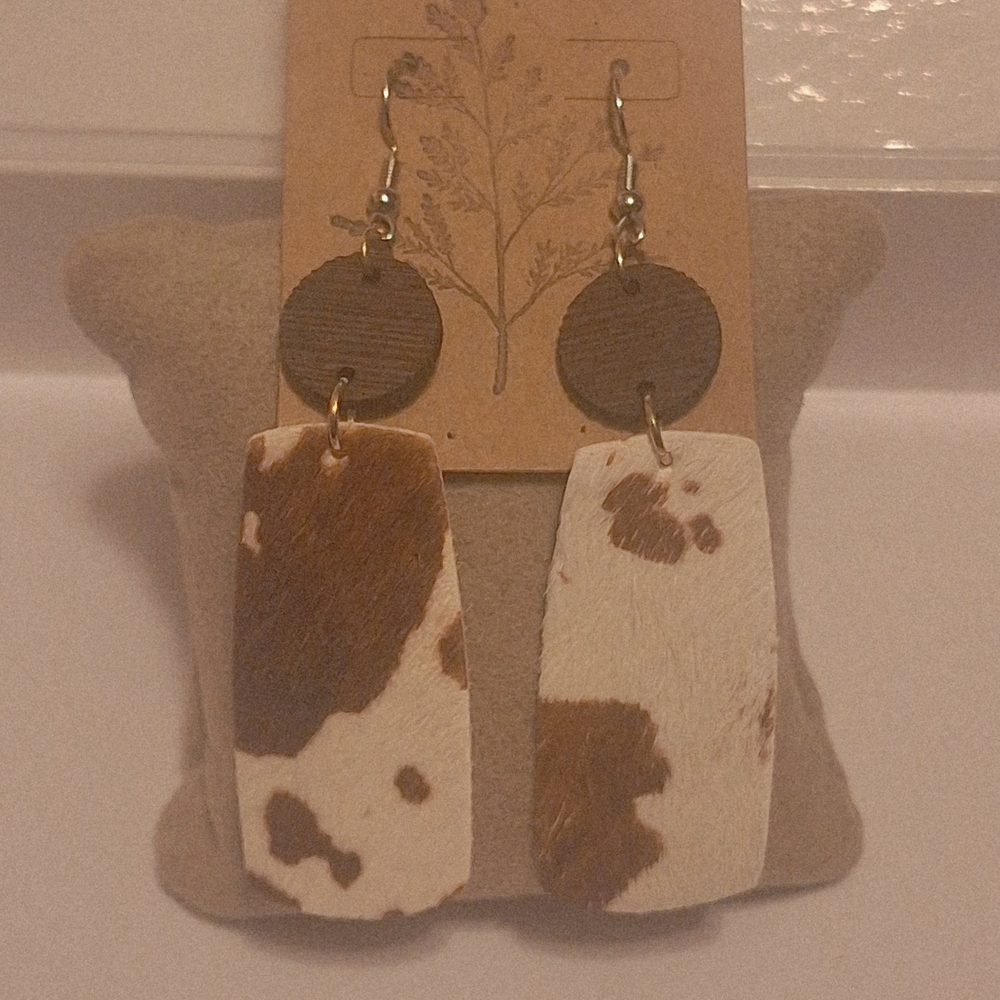 Rustic Cowhide And Wood Drop Earrings